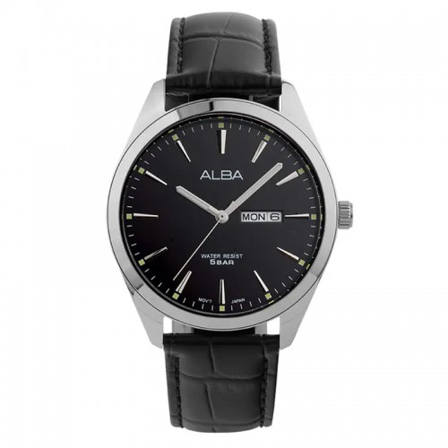 Alba AJ6195X1 Silver Black Leather Day Date