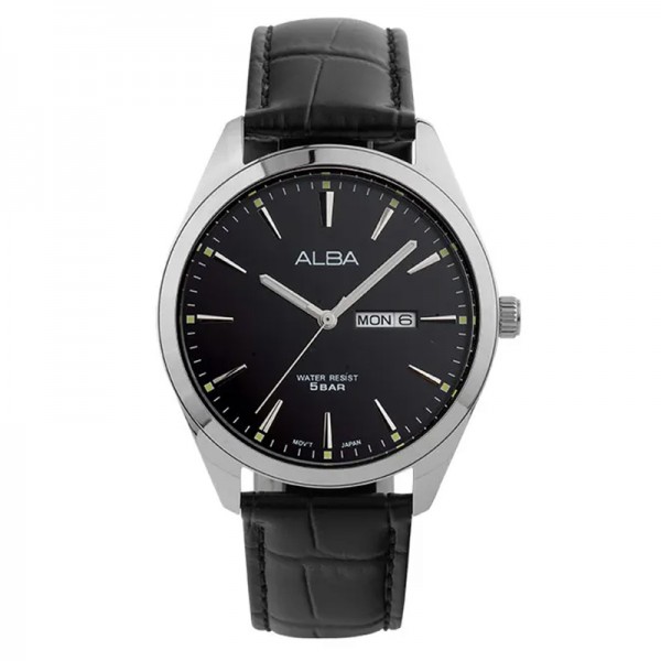 Alba AJ6195X1 Silver Black Leather Day Date Alba AJ6195X1 Silver Black Leather Day Date