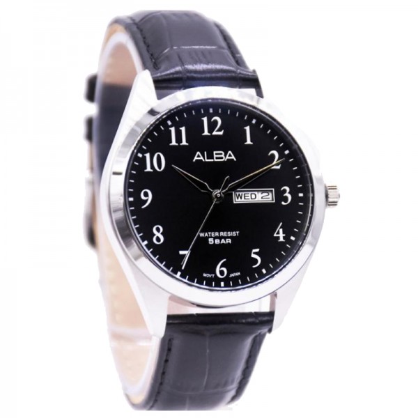 Alba AJ6217 AJ6217X1 Silver Black Leather Man Date Day