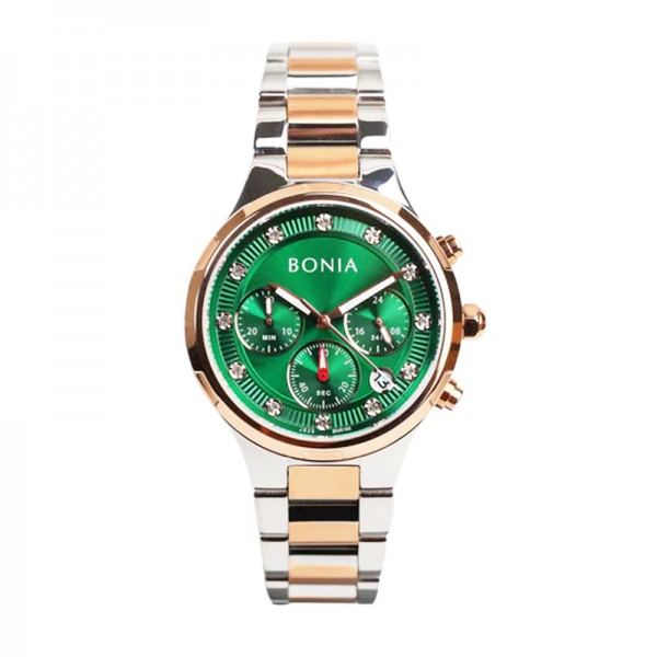 Bonia B195-2697C Silver Rosegold Green Dial Chronograph