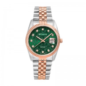 Bonia BNB10550-1696 Silver Rosegold Green Monogram Dial Saphhire Man