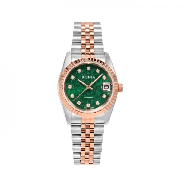 Bonia BNB10550-3696 Silver Rosegold Green Monogram Dial Saphhire Lady