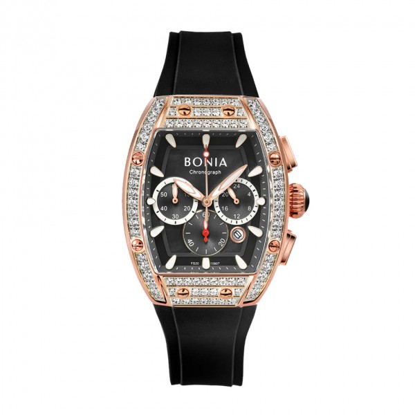 Bonia BNB10807-2532S Rosegold Black Ring Diamond Chronograph