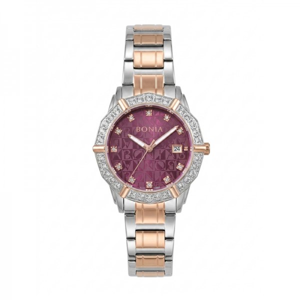 Bonia BNR10988-2667S Silver Rosegold Maroon Steel
