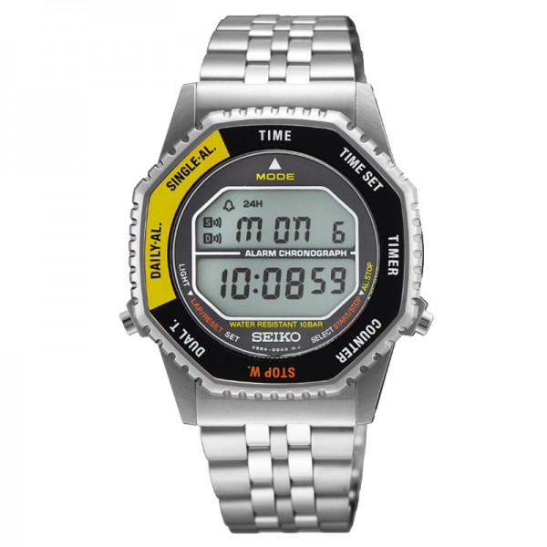 Seiko SMGG17P1 Rotocall Reissue Digital Quartz Watch in Black Yellow Stainless Steel Strap