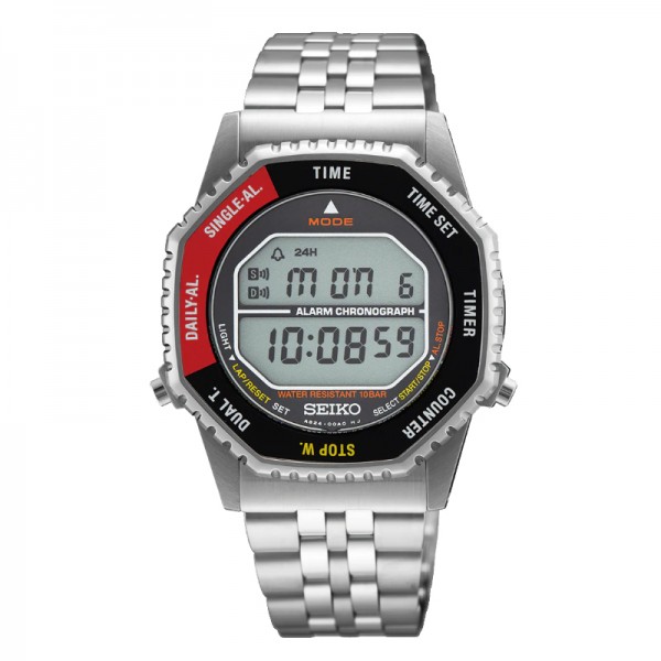 Seiko SMGG19P1 Rotocall Reissue Digital Quartz Watch in Black Red Stainless Steel Strap