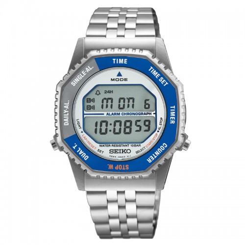 Seiko SMGG21P1 Rotocall Reissue Digital Quartz Watch in Grey Blue Stainless Steel Strap