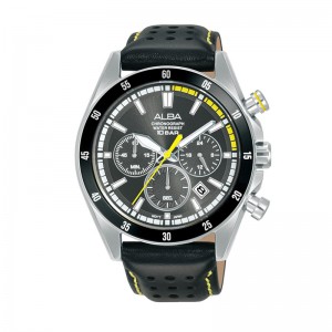 Alba AT3J33 Silver Black Leather Stopwatch