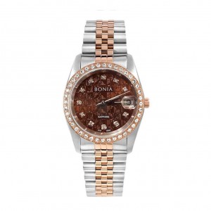 Bonia BNB10550-3646S Silver Rosegold Brown SAPPHIRE Ring Diamond Lady