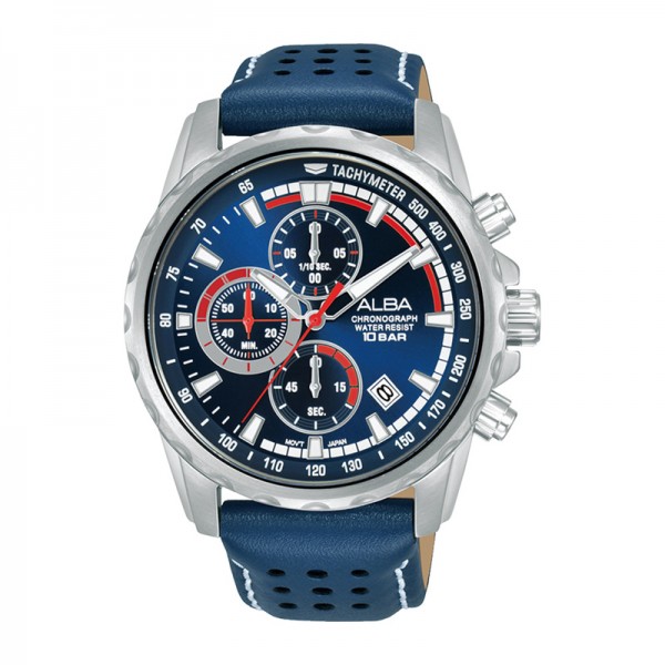 Alba AM3937X1 AM3937 Silver Blue Leather Chronograph