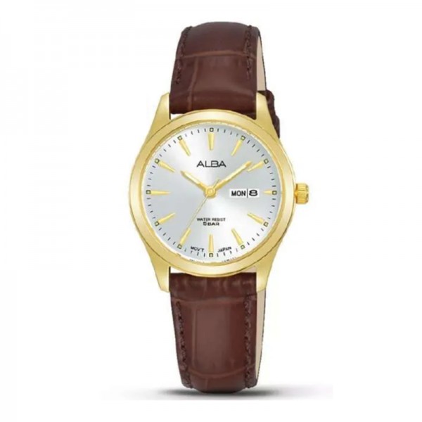 Alba AN8094X1 AN8094 Gold White Brown Leather Day Date