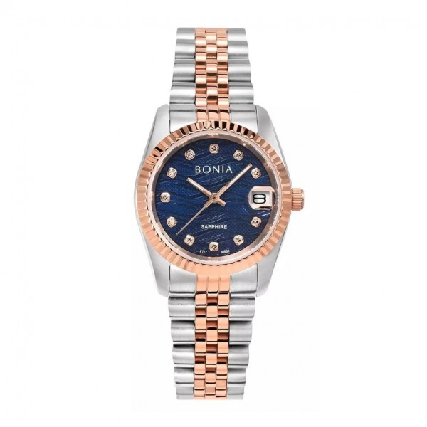 Bonia BNB10550-3687 Silver Rosegold Blue Dial Saphhire Lady