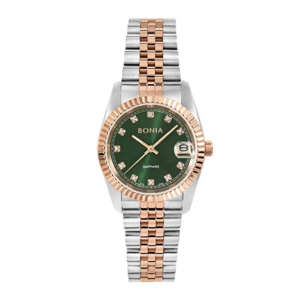 Bonia BNB10550-3697 Silver Rosegold Green Dial Lady Sapphire