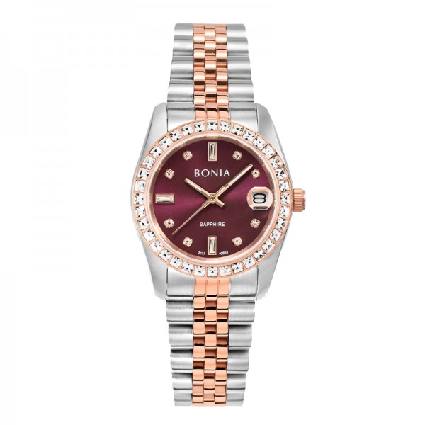 Bonia BNB10553-3667S Silver Rosegold Maroon Sapphire