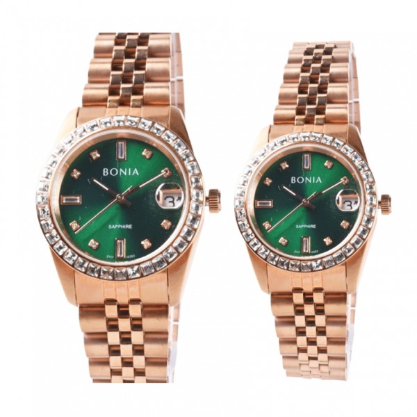 Bonia BNB10553-1597S dan BNB10553-3597s Full Rosegold Green Dial Ring Diamond Couple