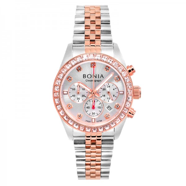 Bonia BNB10798-2617S Chronograph Silver Rosegold White Lady