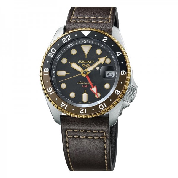 Seiko SSK036K1 Automatic Black Dial GMT Black Brown Ring Brown Leather NEW